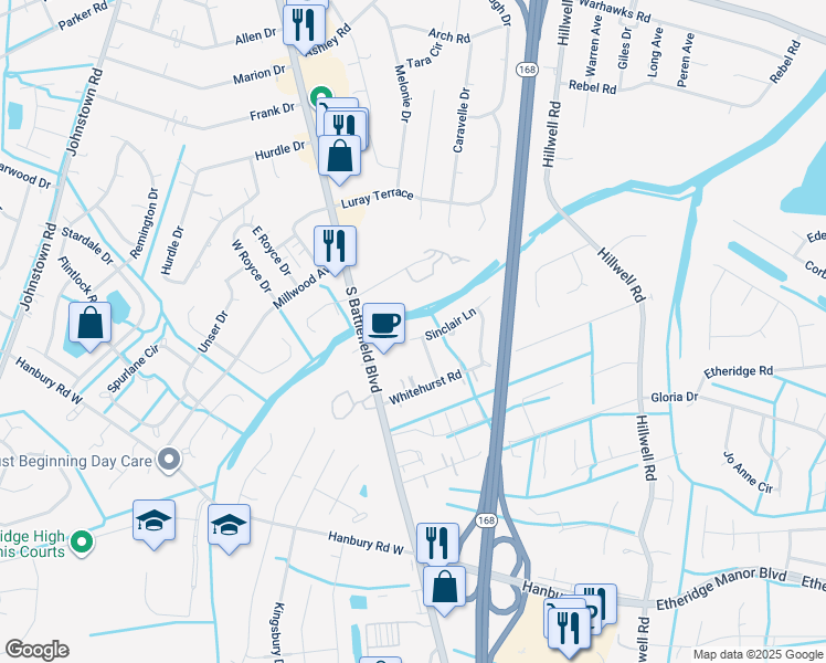 map of restaurants, bars, coffee shops, grocery stores, and more near 104 Sinclair Lane in Chesapeake