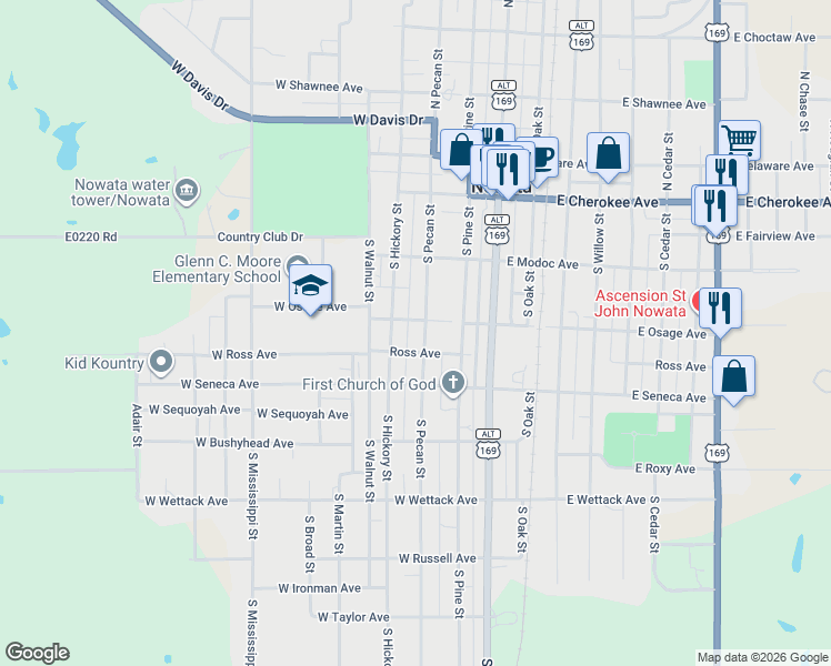 map of restaurants, bars, coffee shops, grocery stores, and more near 310 South Pecan Street in Nowata