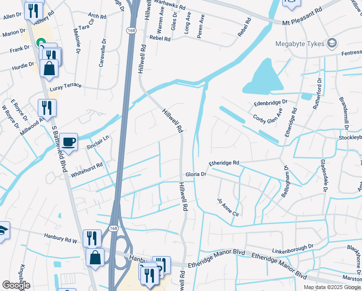 map of restaurants, bars, coffee shops, grocery stores, and more near 804 Hillwell Road in Chesapeake