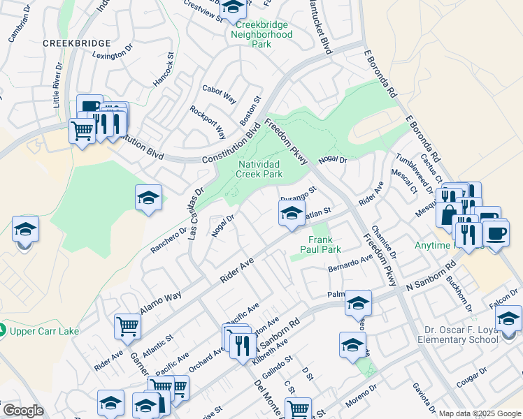 map of restaurants, bars, coffee shops, grocery stores, and more near 1326 Manzano Way in Salinas