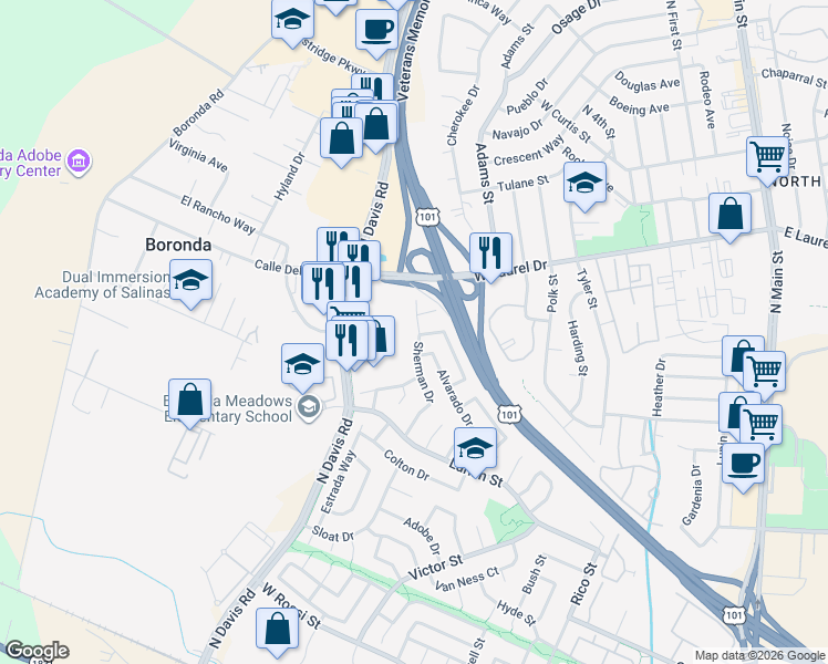 map of restaurants, bars, coffee shops, grocery stores, and more near 1103 Sherman Drive in Salinas
