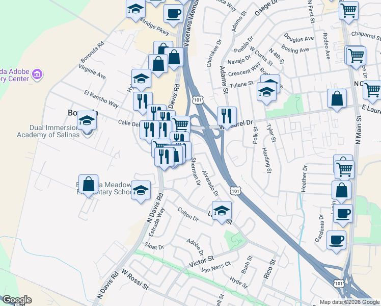 map of restaurants, bars, coffee shops, grocery stores, and more near 1103 Sherman Drive in Salinas