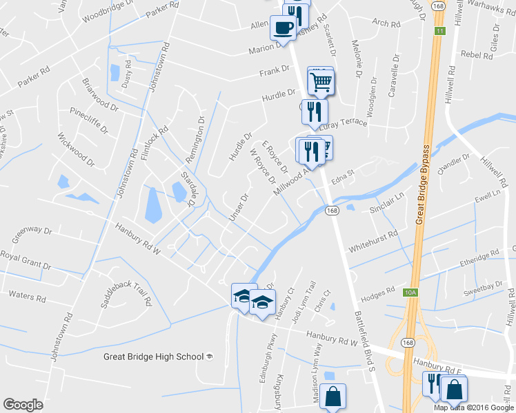 map of restaurants, bars, coffee shops, grocery stores, and more near 228 Millwood Avenue in Chesapeake