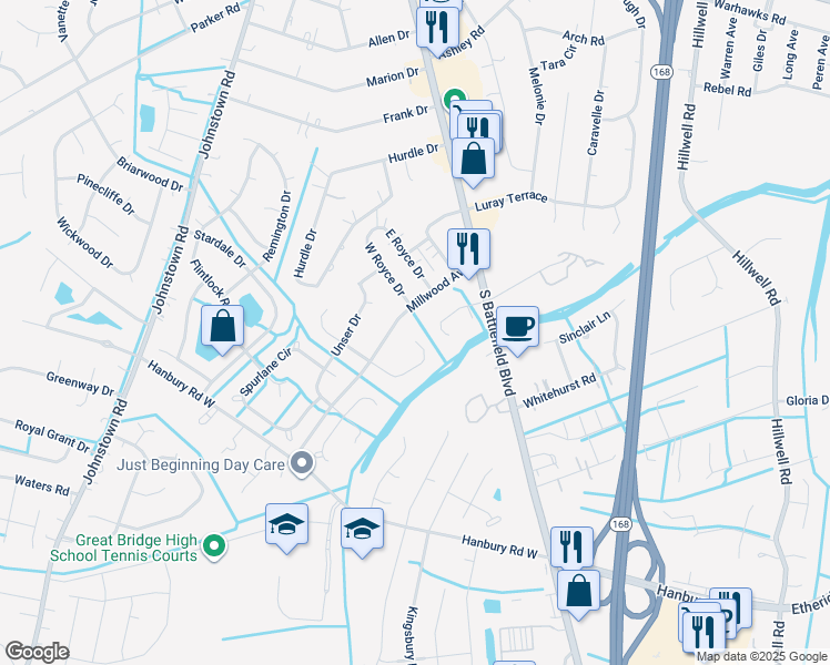 map of restaurants, bars, coffee shops, grocery stores, and more near 836 Woodrow Court in Chesapeake