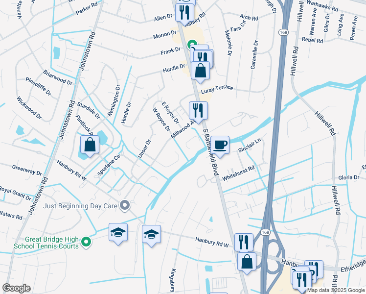 map of restaurants, bars, coffee shops, grocery stores, and more near 128 James Earl Dr in Chesapeake