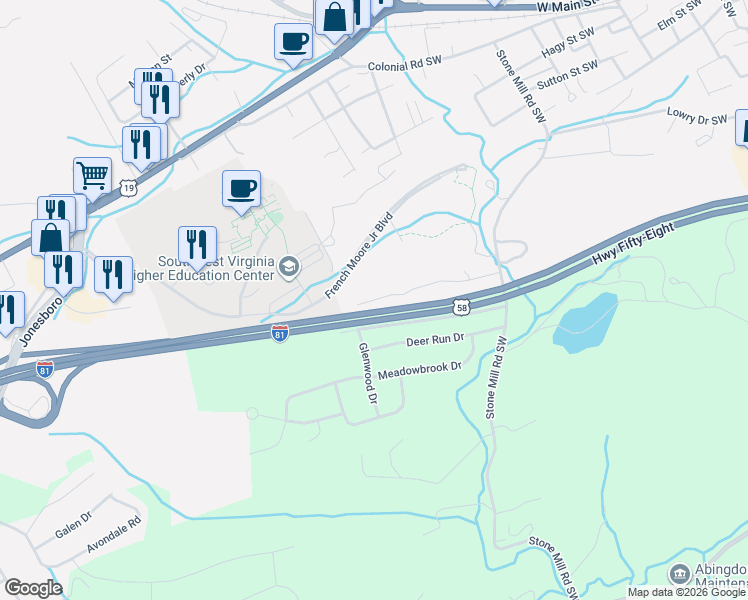 map of restaurants, bars, coffee shops, grocery stores, and more near U.S. 58 in Abingdon