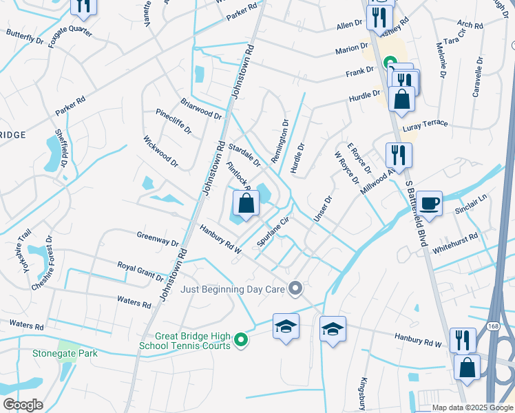map of restaurants, bars, coffee shops, grocery stores, and more near 404 Flintlock Road in Chesapeake