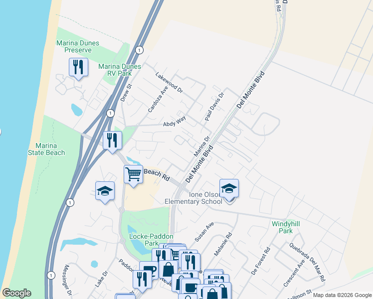 map of restaurants, bars, coffee shops, grocery stores, and more near 194 Leslie Court in Marina