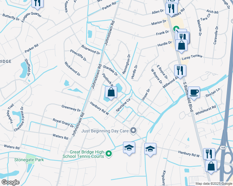 map of restaurants, bars, coffee shops, grocery stores, and more near 404 Flintlock Road in Chesapeake