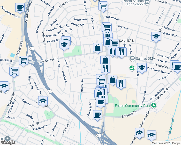 map of restaurants, bars, coffee shops, grocery stores, and more near 1112 Parkside Street in Salinas