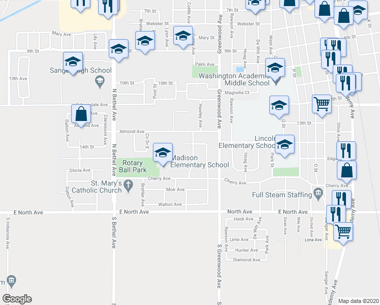 map of restaurants, bars, coffee shops, grocery stores, and more near 1407 George Avenue in Sanger
