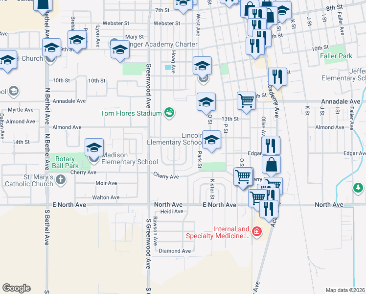 map of restaurants, bars, coffee shops, grocery stores, and more near 1418 De Witt Avenue in Sanger
