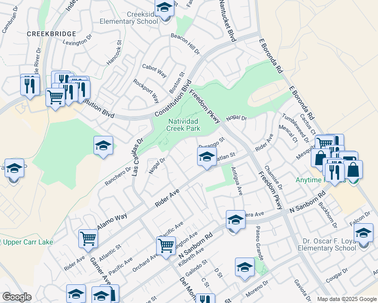 map of restaurants, bars, coffee shops, grocery stores, and more near 11 Manzano Circle in Salinas