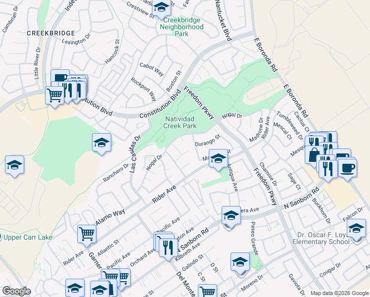 map of restaurants, bars, coffee shops, grocery stores, and more near 11 Manzano Circle in Salinas