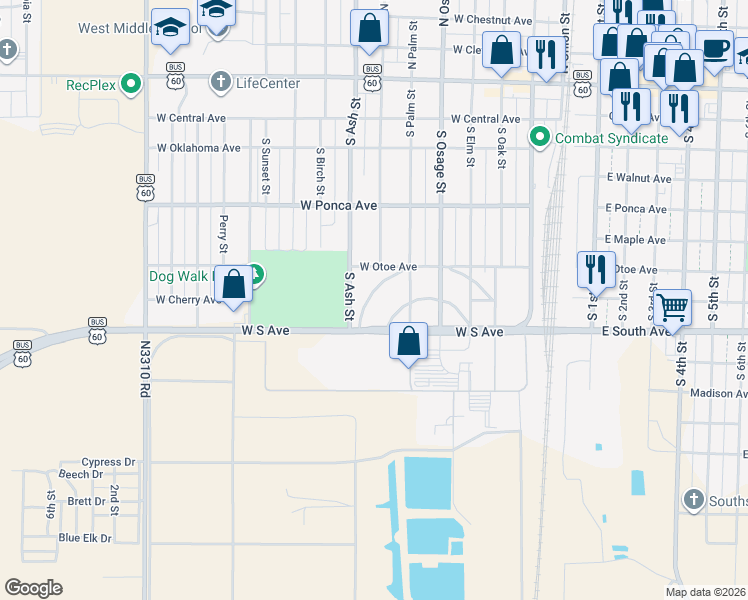 map of restaurants, bars, coffee shops, grocery stores, and more near 734 Marland Drive in Ponca City