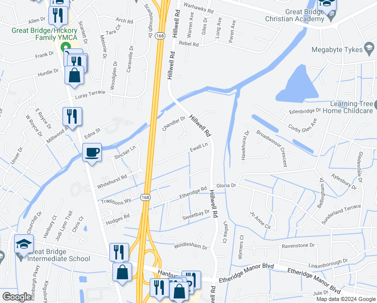 map of restaurants, bars, coffee shops, grocery stores, and more near 324 Ewell Lane in Chesapeake