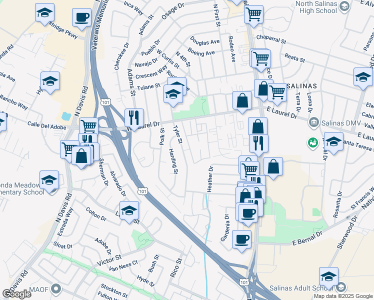 map of restaurants, bars, coffee shops, grocery stores, and more near 1066 Harding Street in Salinas