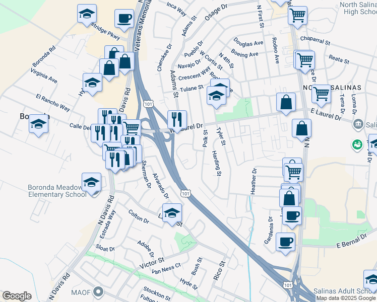 map of restaurants, bars, coffee shops, grocery stores, and more near 1185 Monroe Street in Salinas