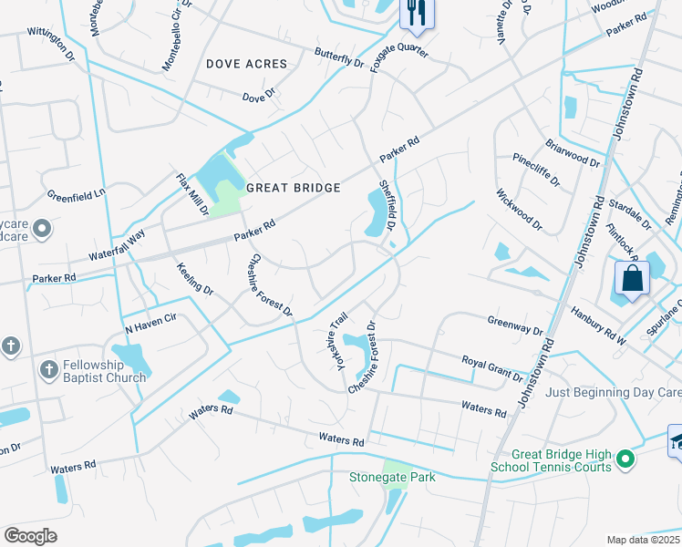 map of restaurants, bars, coffee shops, grocery stores, and more near 516 Ashforth Way in Chesapeake
