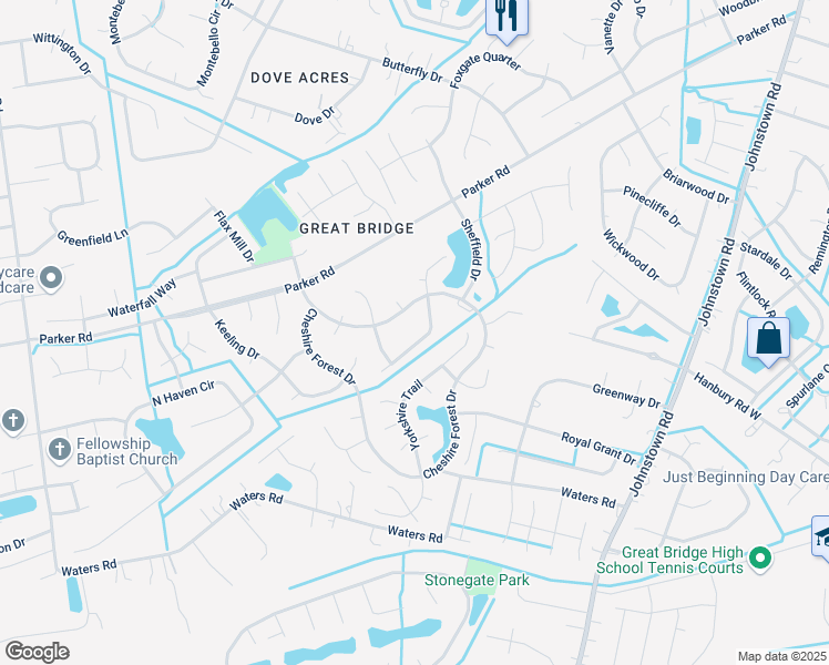 map of restaurants, bars, coffee shops, grocery stores, and more near 516 Ashforth Way in Chesapeake