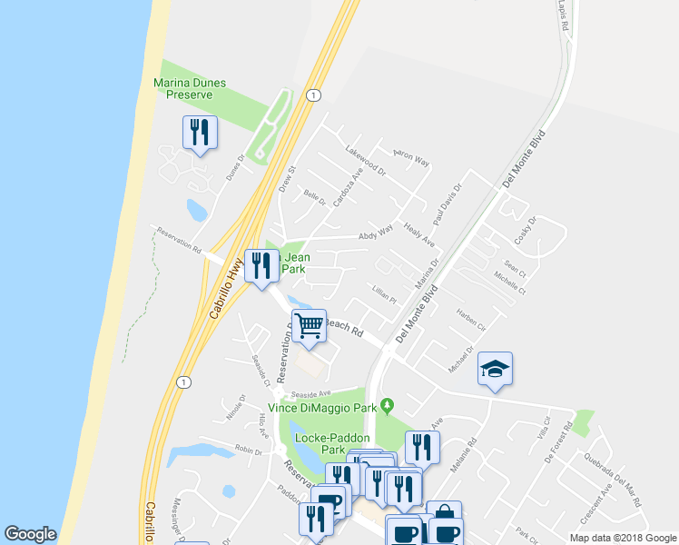 map of restaurants, bars, coffee shops, grocery stores, and more near 154 Dolphin Circle in Marina