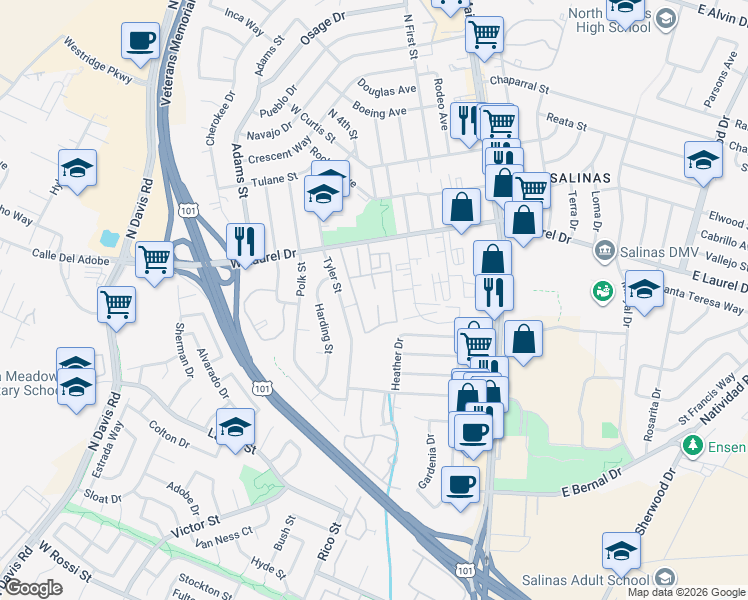 map of restaurants, bars, coffee shops, grocery stores, and more near 406 Tyler Place in Salinas