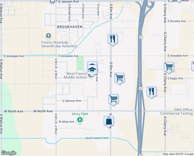 map of restaurants, bars, coffee shops, grocery stores, and more near 2910 South Ivy Avenue in Fresno