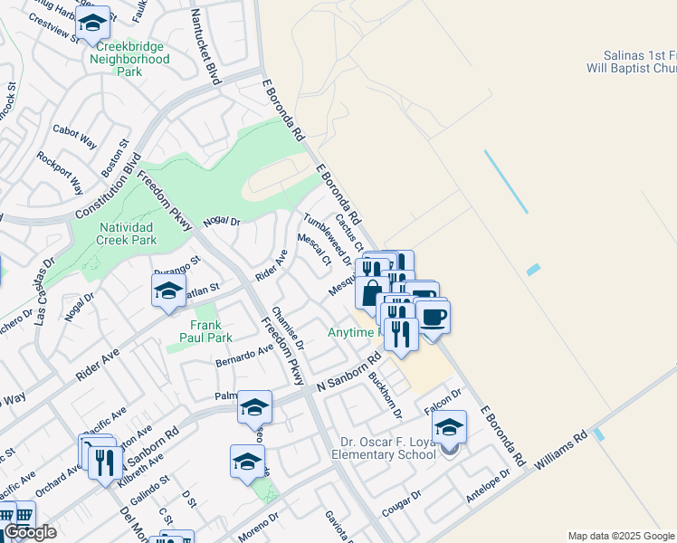 map of restaurants, bars, coffee shops, grocery stores, and more near 831 Mescal Court in Salinas