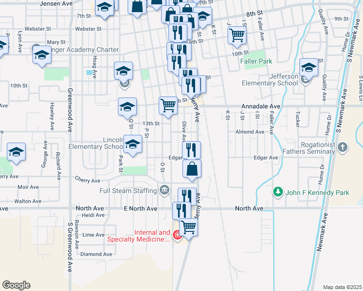 map of restaurants, bars, coffee shops, grocery stores, and more near 1416 Edgar Avenue in Sanger