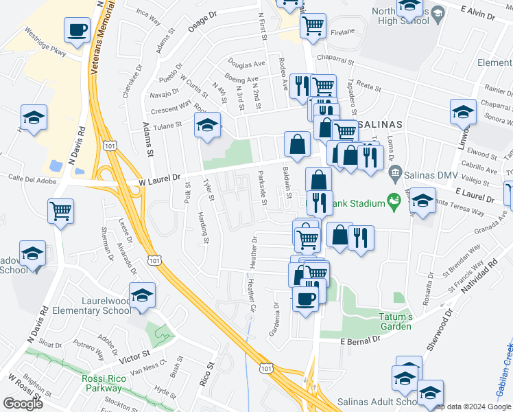 map of restaurants, bars, coffee shops, grocery stores, and more near 323 Hayes Street in Salinas