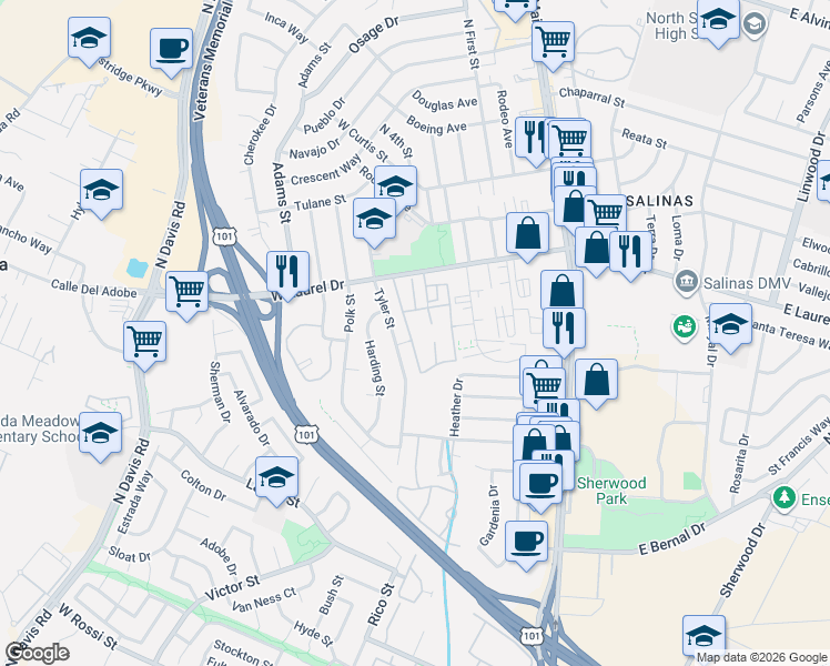 map of restaurants, bars, coffee shops, grocery stores, and more near 406 Tyler Place in Salinas