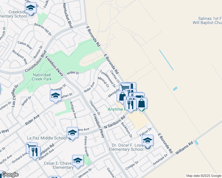 map of restaurants, bars, coffee shops, grocery stores, and more near 831 Mescal Court in Salinas