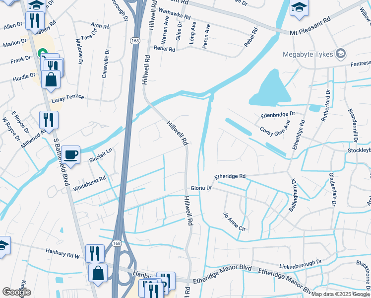 map of restaurants, bars, coffee shops, grocery stores, and more near 792 Hillwell Road in Chesapeake