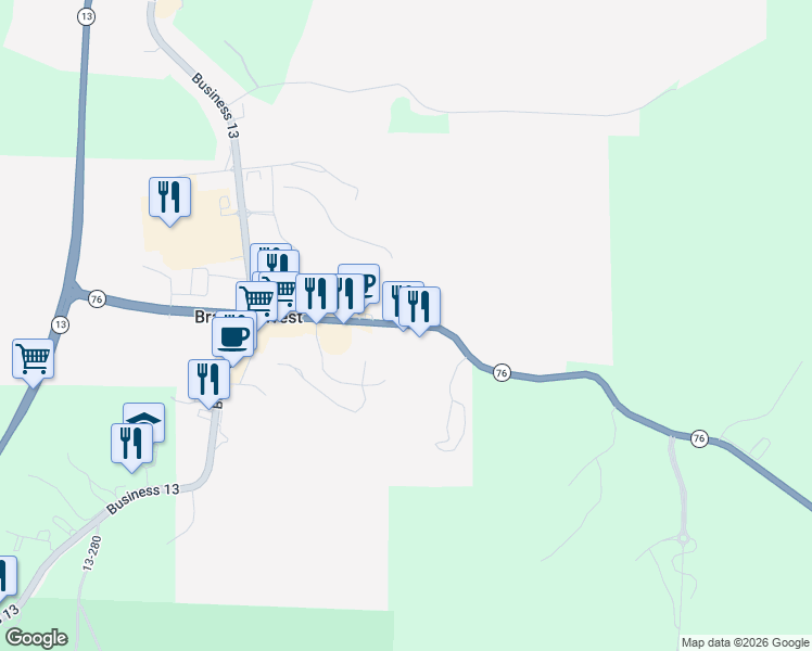 map of restaurants, bars, coffee shops, grocery stores, and more near Highway 76 in Reeds Spring