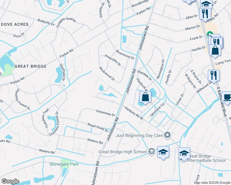 map of restaurants, bars, coffee shops, grocery stores, and more near 665 William Hall Way in Chesapeake