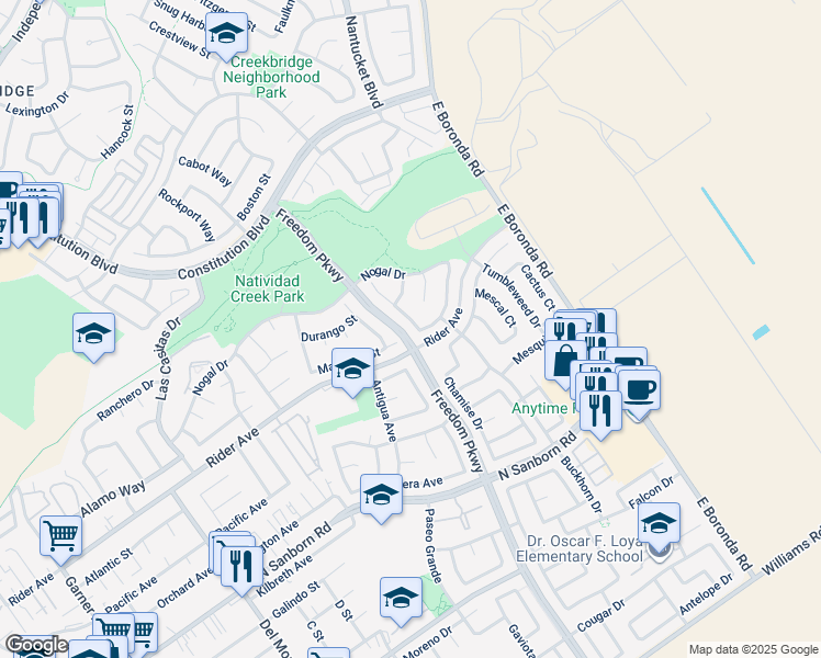 map of restaurants, bars, coffee shops, grocery stores, and more near 1454 Madrone Drive in Salinas