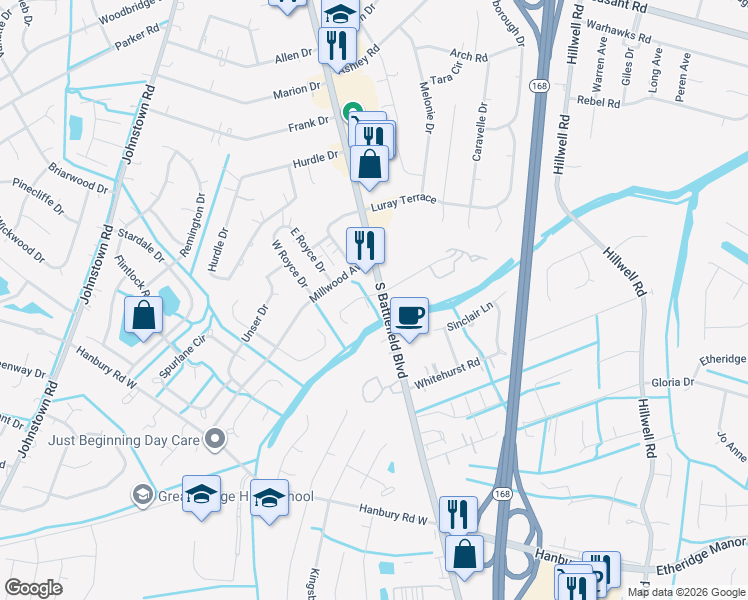 map of restaurants, bars, coffee shops, grocery stores, and more near 815 Virginia 168 Business in Chesapeake