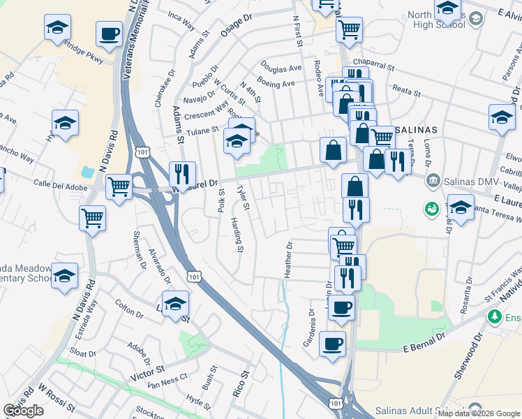 map of restaurants, bars, coffee shops, grocery stores, and more near in Salinas