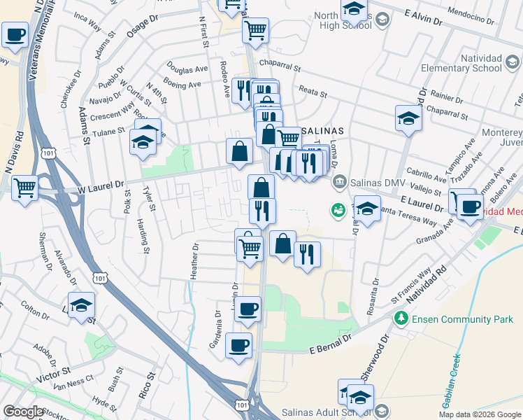 map of restaurants, bars, coffee shops, grocery stores, and more near 1180 N Main St in Salinas