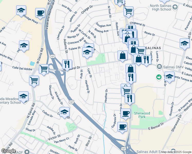 map of restaurants, bars, coffee shops, grocery stores, and more near 429 West Laurel Drive in Salinas