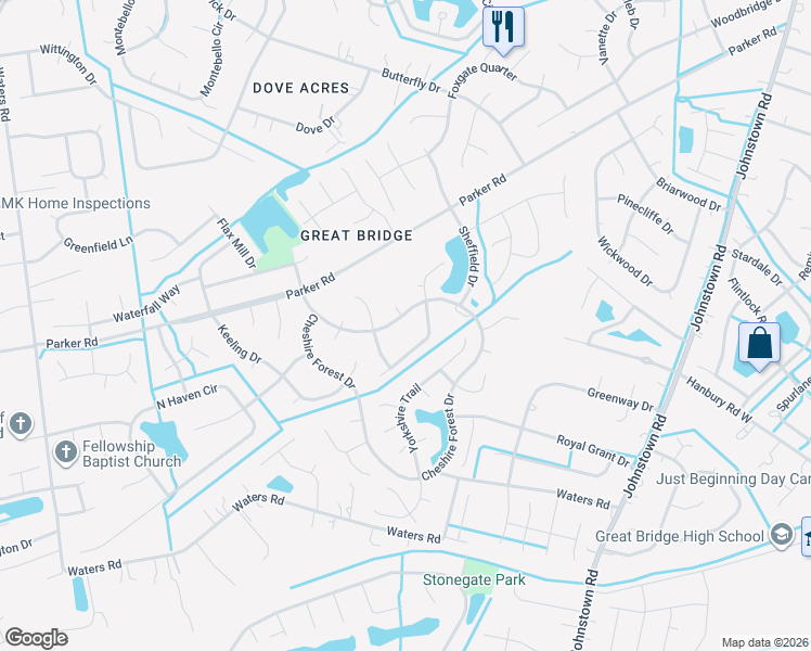 map of restaurants, bars, coffee shops, grocery stores, and more near 500 Ashforth Way in Chesapeake