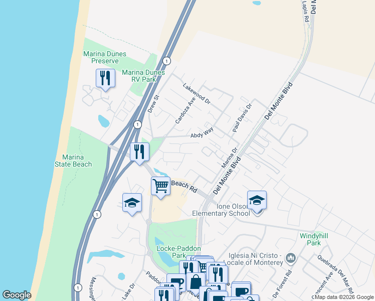 map of restaurants, bars, coffee shops, grocery stores, and more near in Marina