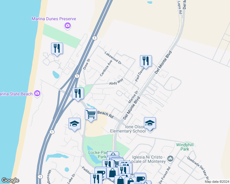 map of restaurants, bars, coffee shops, grocery stores, and more near 158 Linde Circle in Marina
