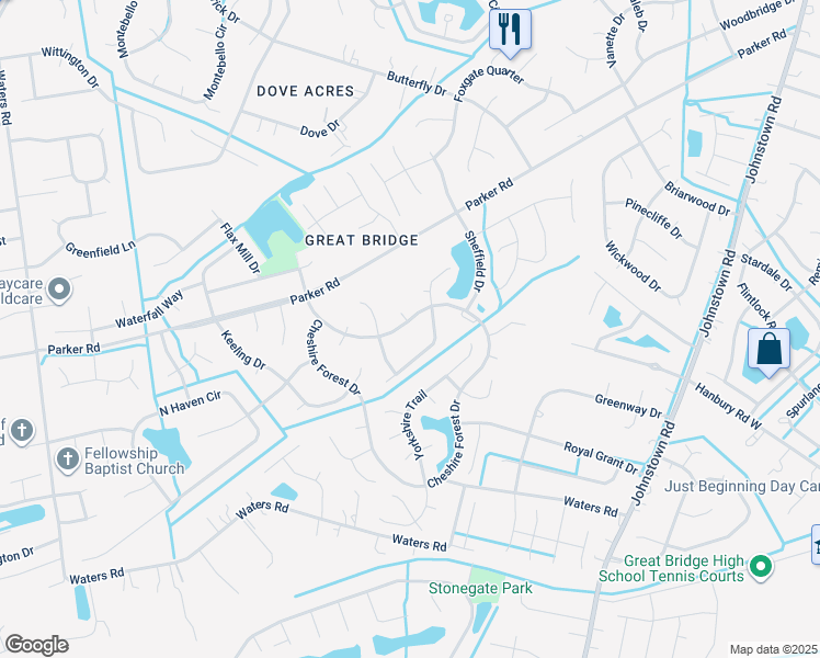 map of restaurants, bars, coffee shops, grocery stores, and more near 725 Cheshire Forest Drive in Chesapeake