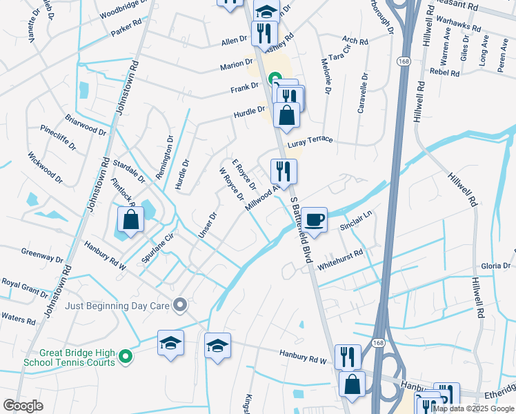 map of restaurants, bars, coffee shops, grocery stores, and more near 123 Millwood Avenue in Chesapeake