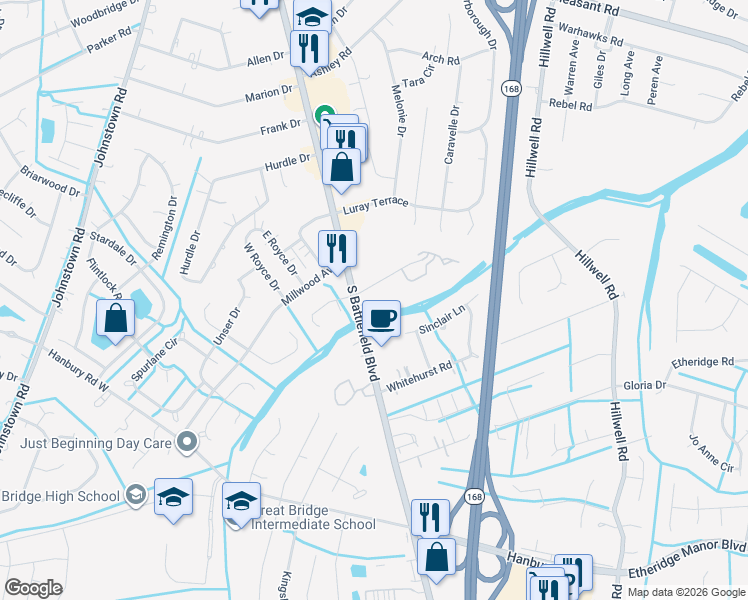 map of restaurants, bars, coffee shops, grocery stores, and more near 117 Edna Street in Chesapeake