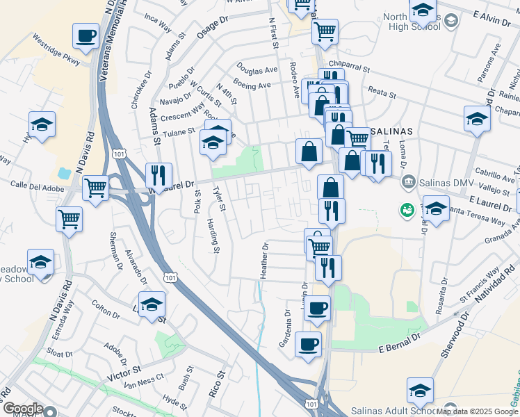 map of restaurants, bars, coffee shops, grocery stores, and more near 1135 Parkside Street in Salinas