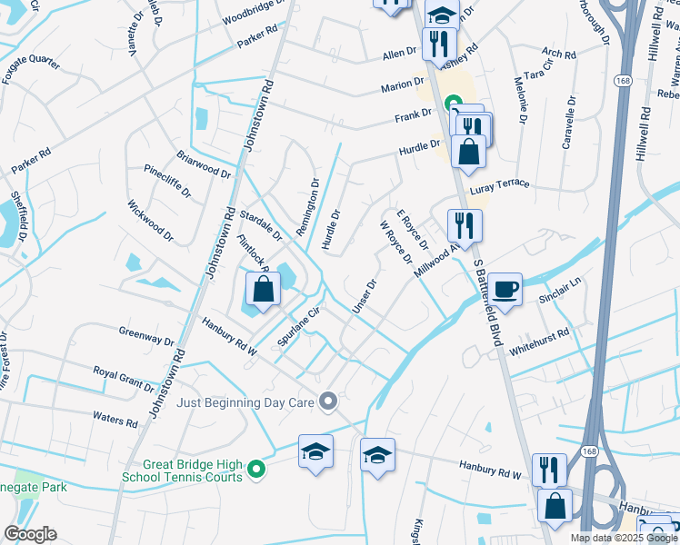 map of restaurants, bars, coffee shops, grocery stores, and more near 252 Hurdle Drive in Chesapeake