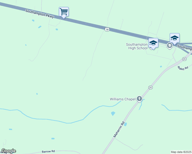 map of restaurants, bars, coffee shops, grocery stores, and more near 23114 Southampton Parkway in Courtland