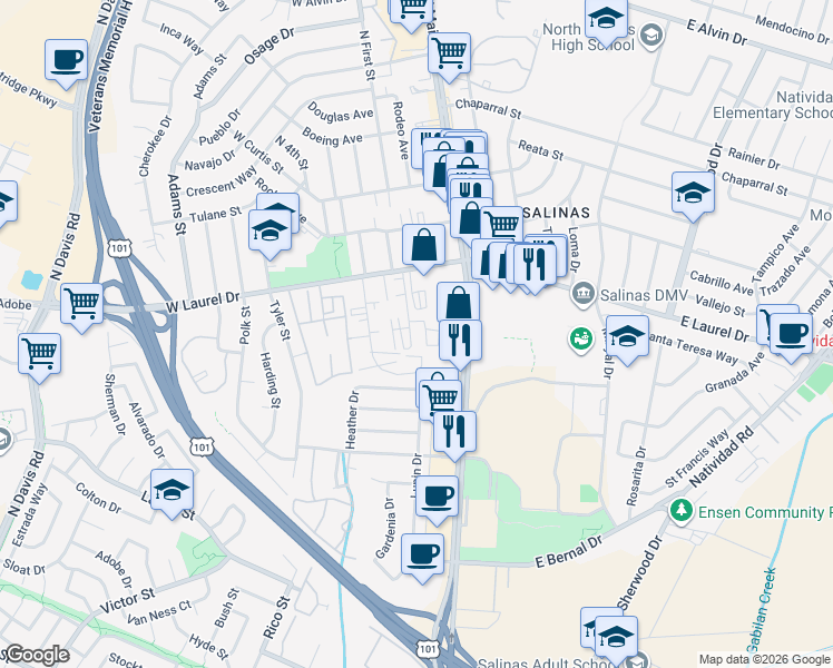 map of restaurants, bars, coffee shops, grocery stores, and more near 1117 Baldwin Street in Salinas